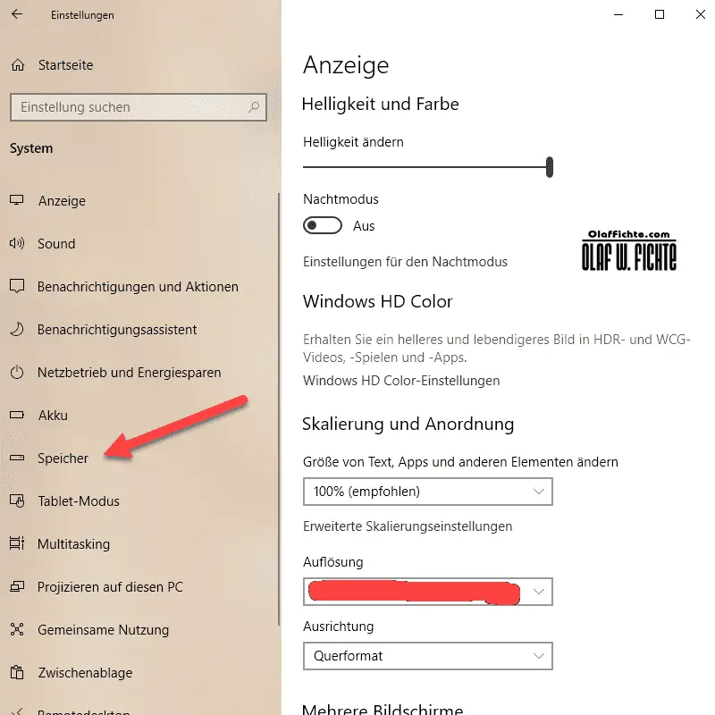 In den Anzeige-Einstellungen auf Speicher klicken