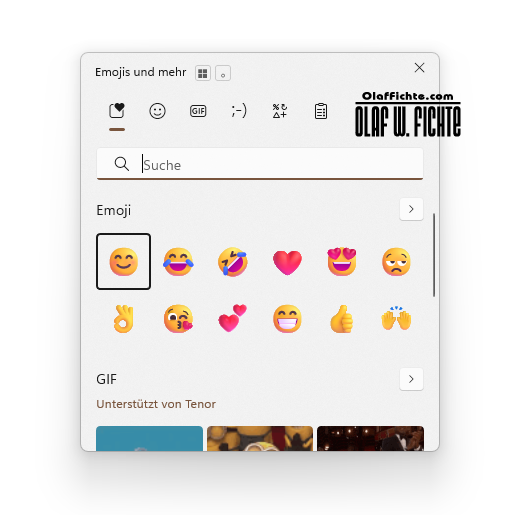 Bereich der Emoji, Kaomoji, Symbole und Gif in Windows 11