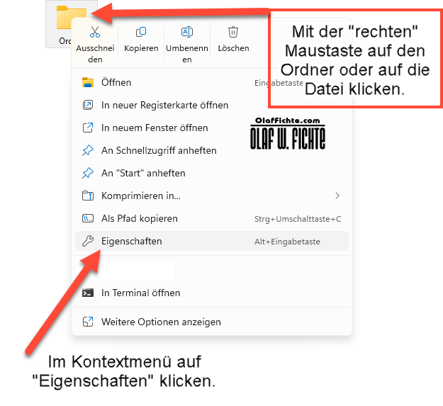 Im Kontextmenü des Ordners oder der Datei von Windows 11 auf Eigenschaften klicken