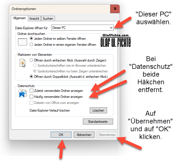 Schnellzugriff in den Ordneroptionen von Windows 11 für mehr Datenschutz konfiguriert
