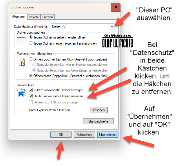 Ordneroptionen in Windows 11 für mehr Datenschutz ändern